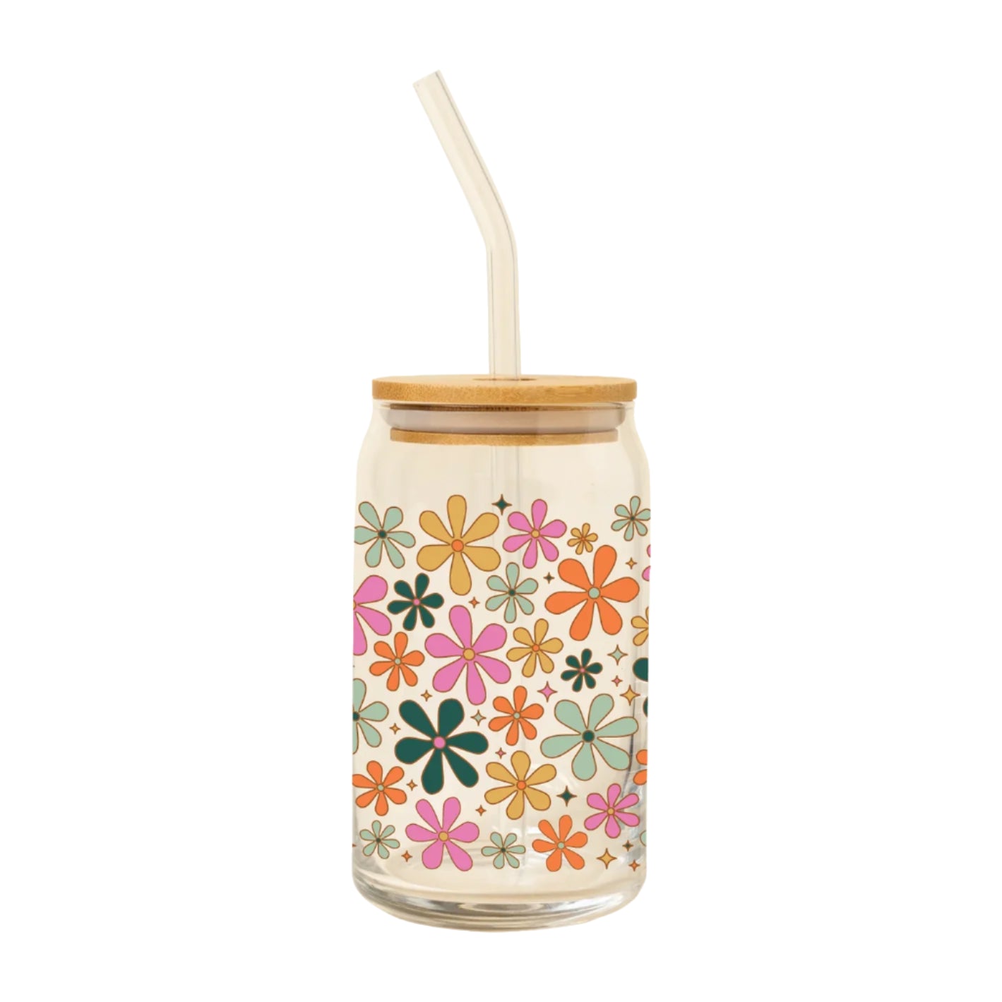 16oz can glass with colorful retro floral design, bamboo lid, and glass straw from Funky Confetti