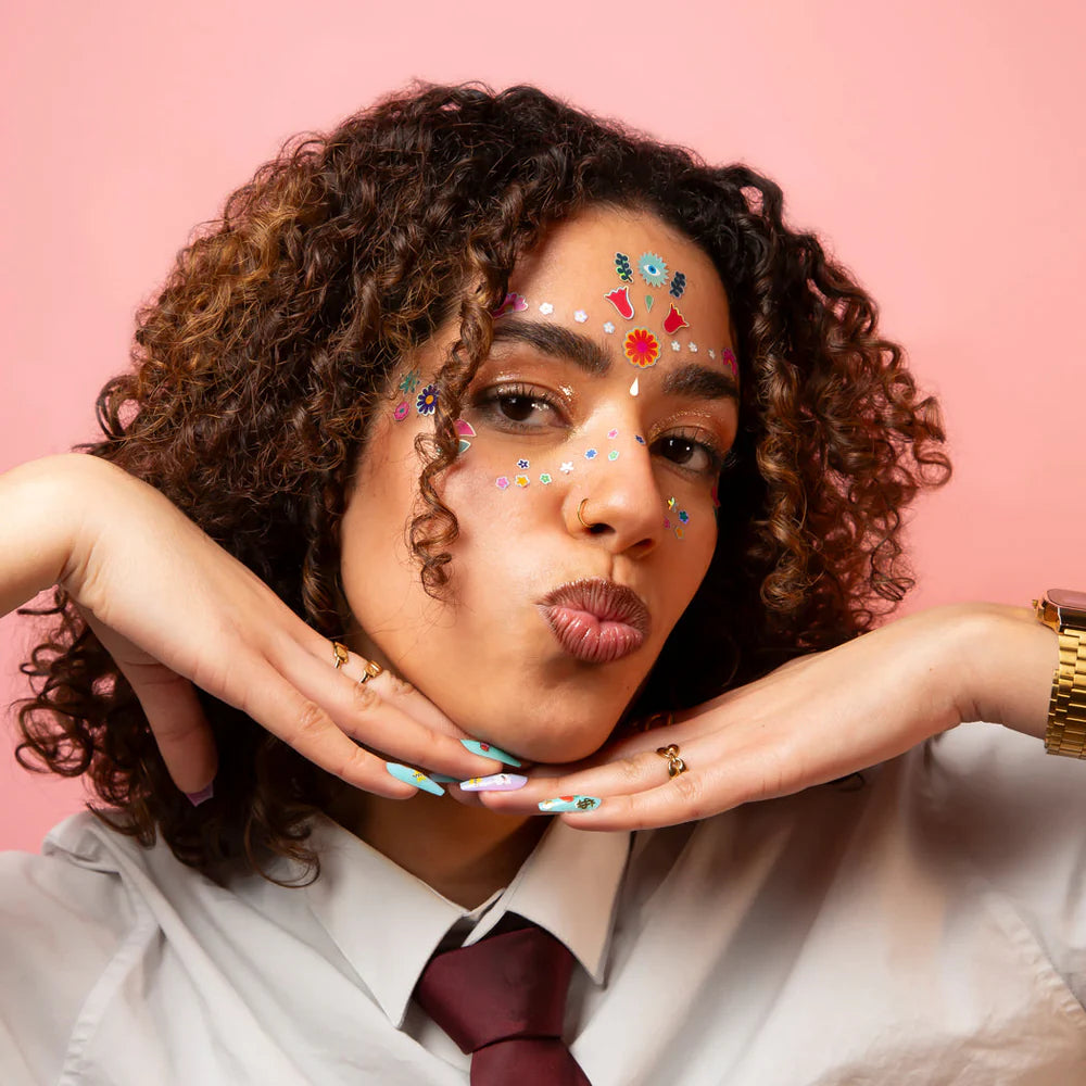 Flowers face stickers set with 85 neon and fluorescent designs, skin-safe and repositionable – Funky Confetti