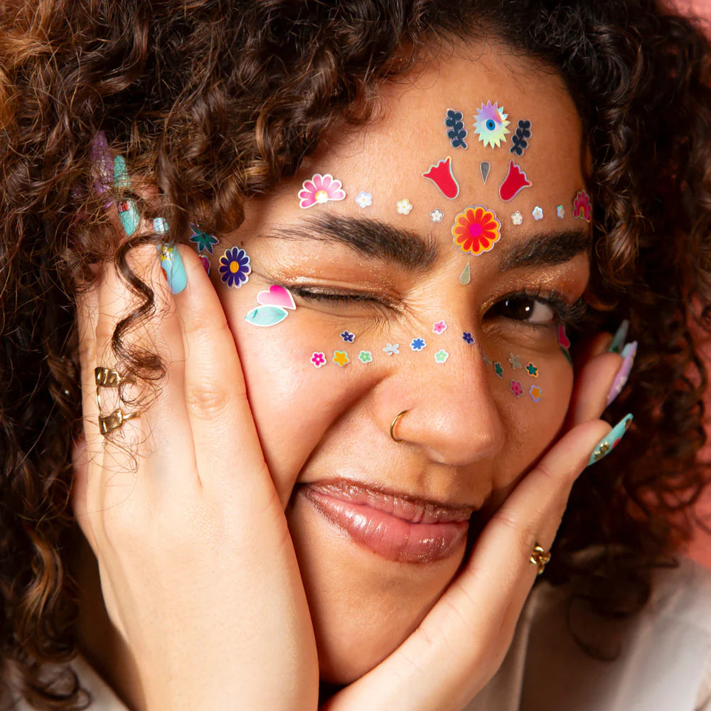 Flowers face stickers set with 85 neon and fluorescent designs, skin-safe and repositionable – Funky Confetti