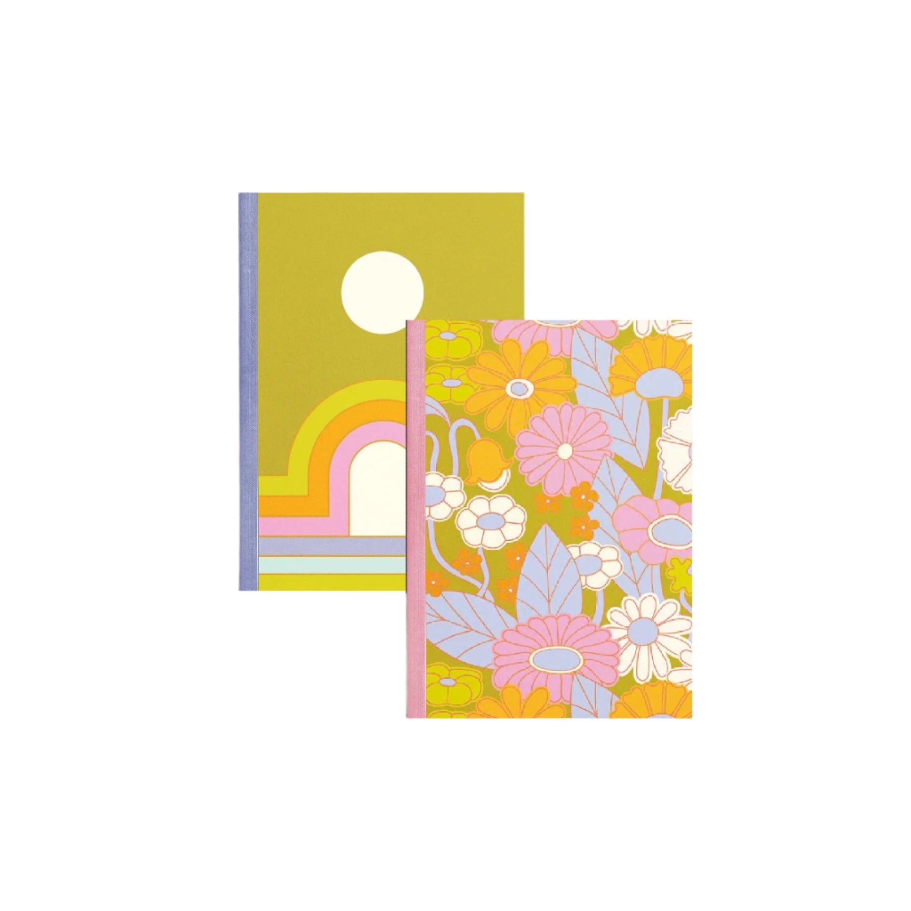 Set of two retro notebooks—one mustard yellow cover with a white moon and rainbow arches, the other with a pastel floral pattern; blue and pink contrasting spines.