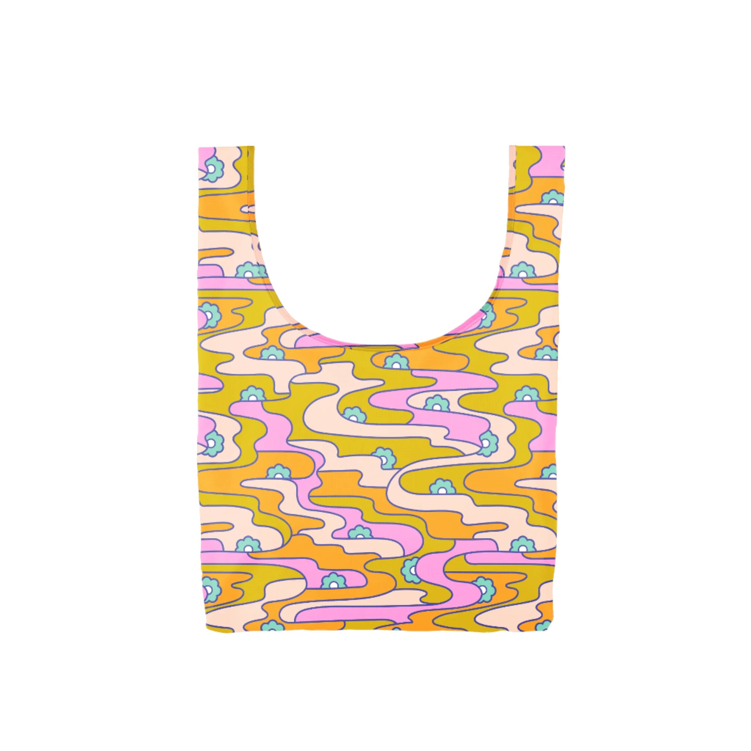 Reusable tote with retro flower pattern in pink, orange, and green; foldable ripstop nylon bag.