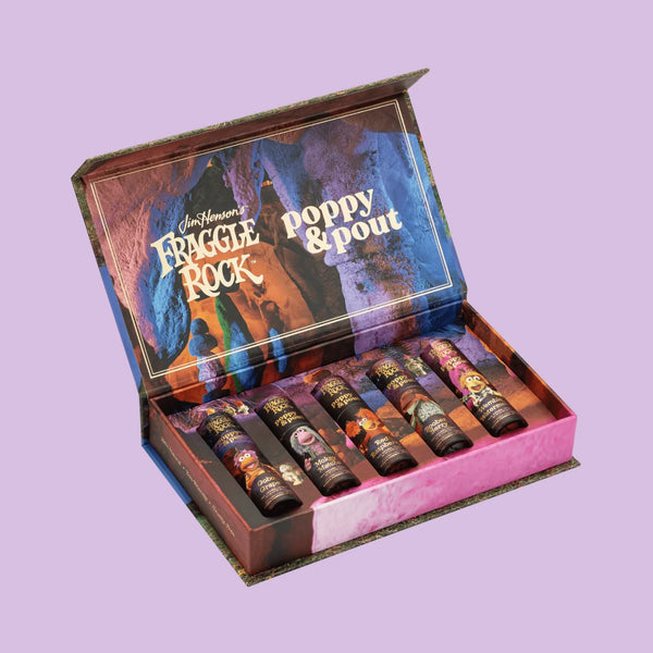 Fraggle Rock x Poppy & Pout Lip Balm Gift Set with 5 flavors – Gobo Grape, Mokey Matcha, Boober Berry – Funky Confetti