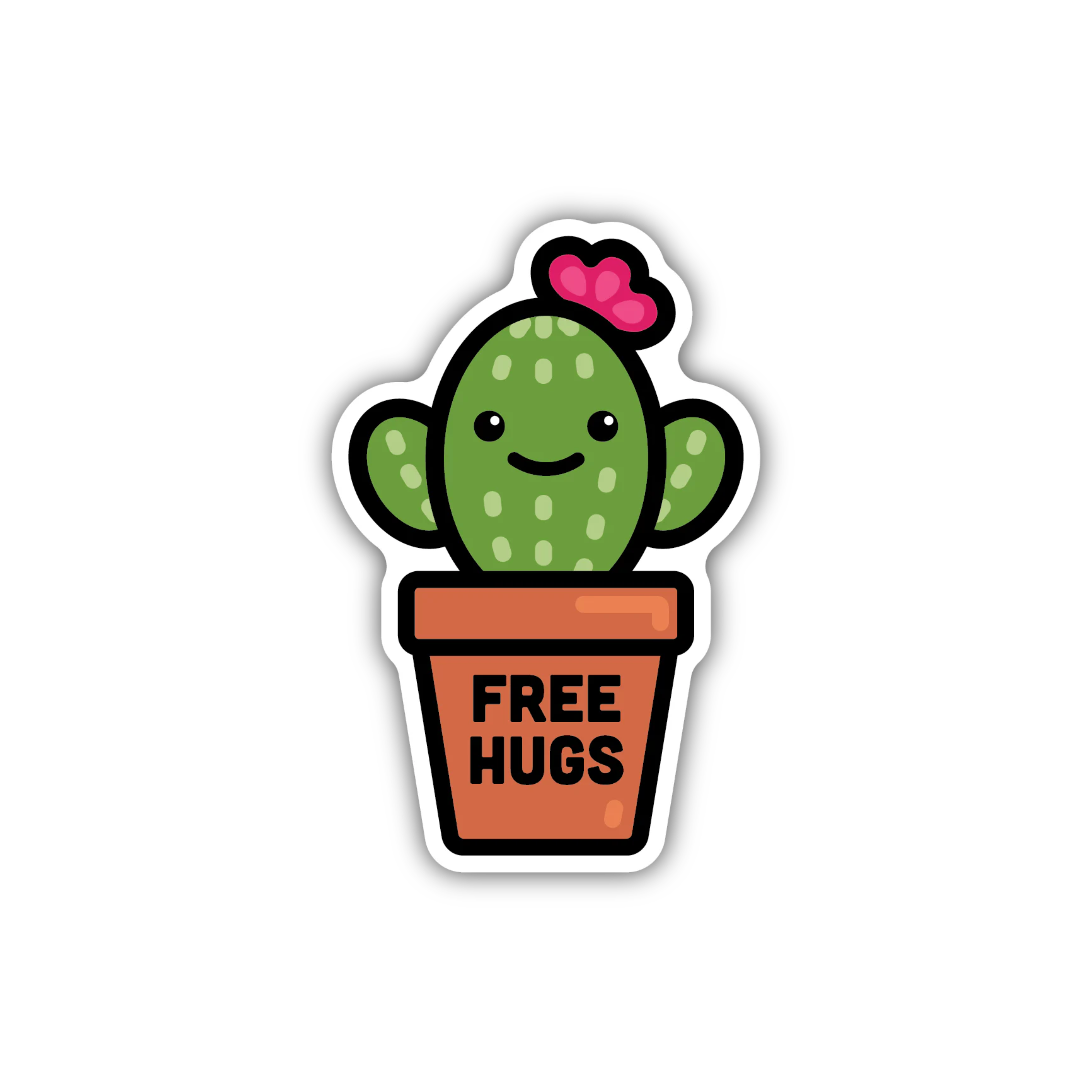 Smiling cactus in a terracotta pot with the text “FREE HUGS.”