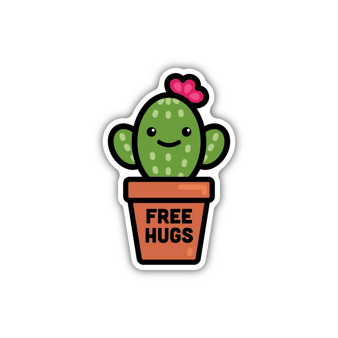 Smiling cactus in a terracotta pot with the text “FREE HUGS.”
