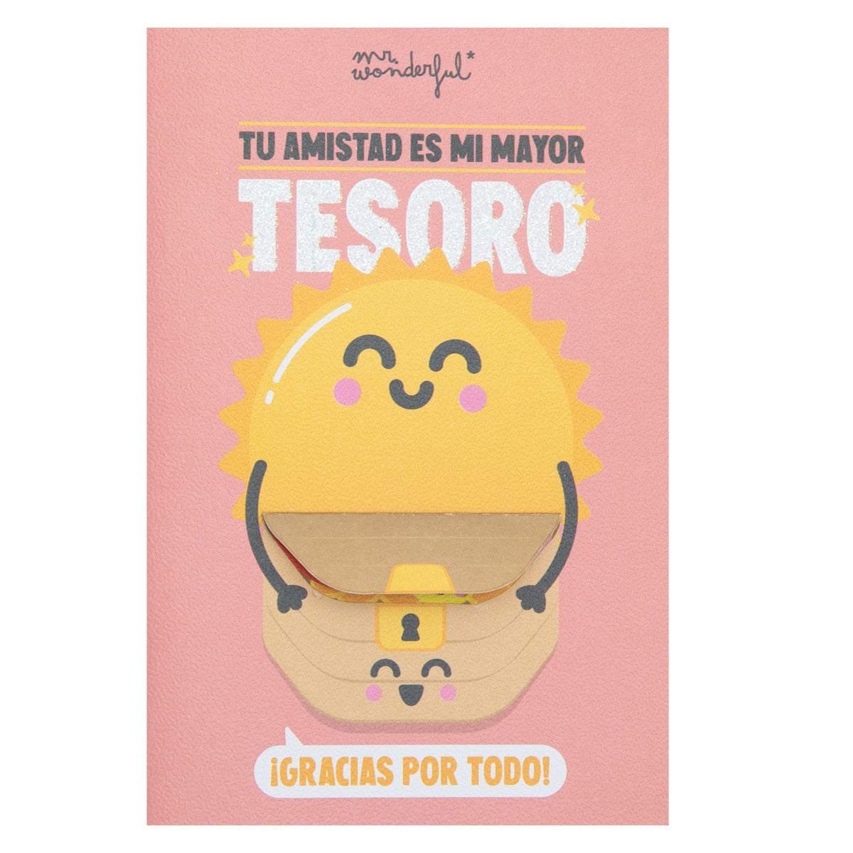 Pink friendship greeting card with smiling sun and opening treasure chest; reads “Tu amistad es mi mayor tesoro” and “¡Gracias por todo!”.