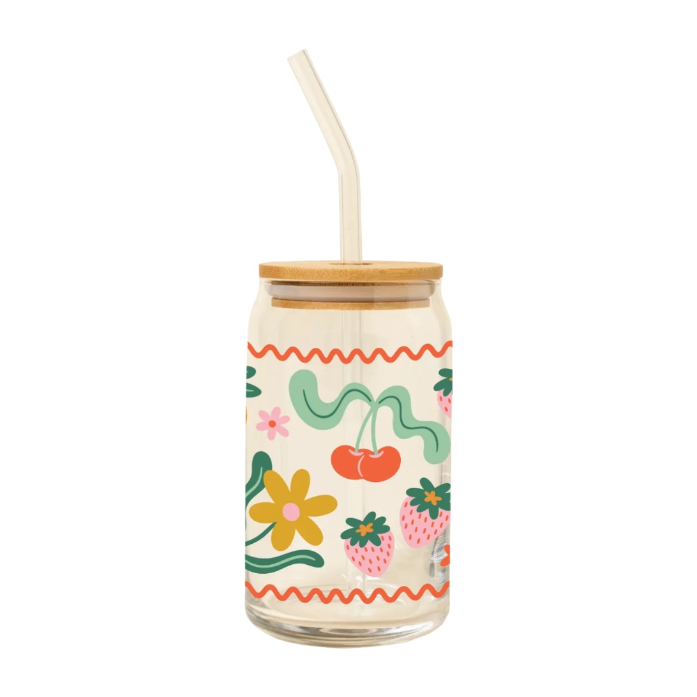 16oz fruit and floral printed can glass with bamboo lid and glass straw from Funky Confetti
