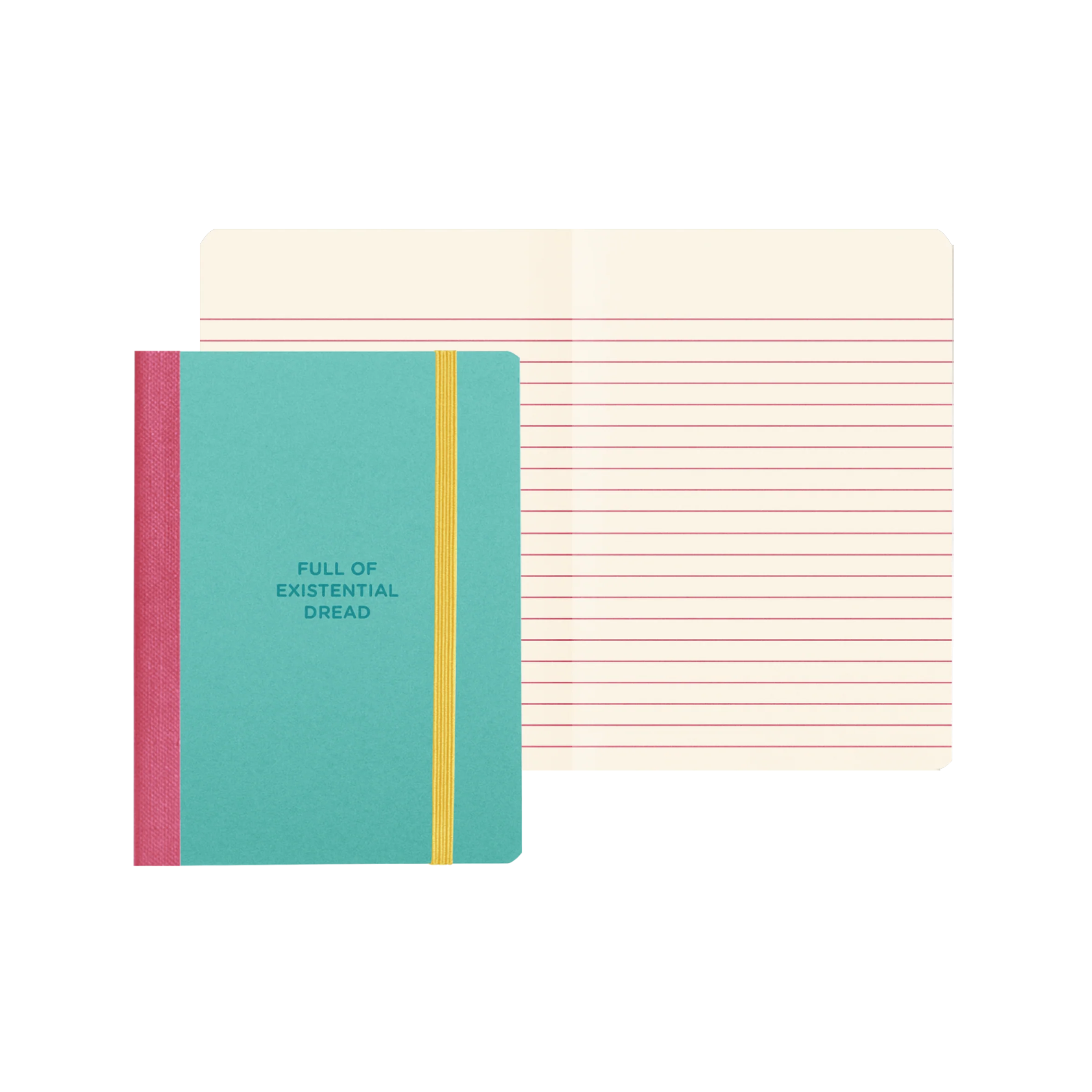 Mini notebook in teal with “Full of Existential Dread” text, yellow elastic band, and pink spine – Funky Confetti