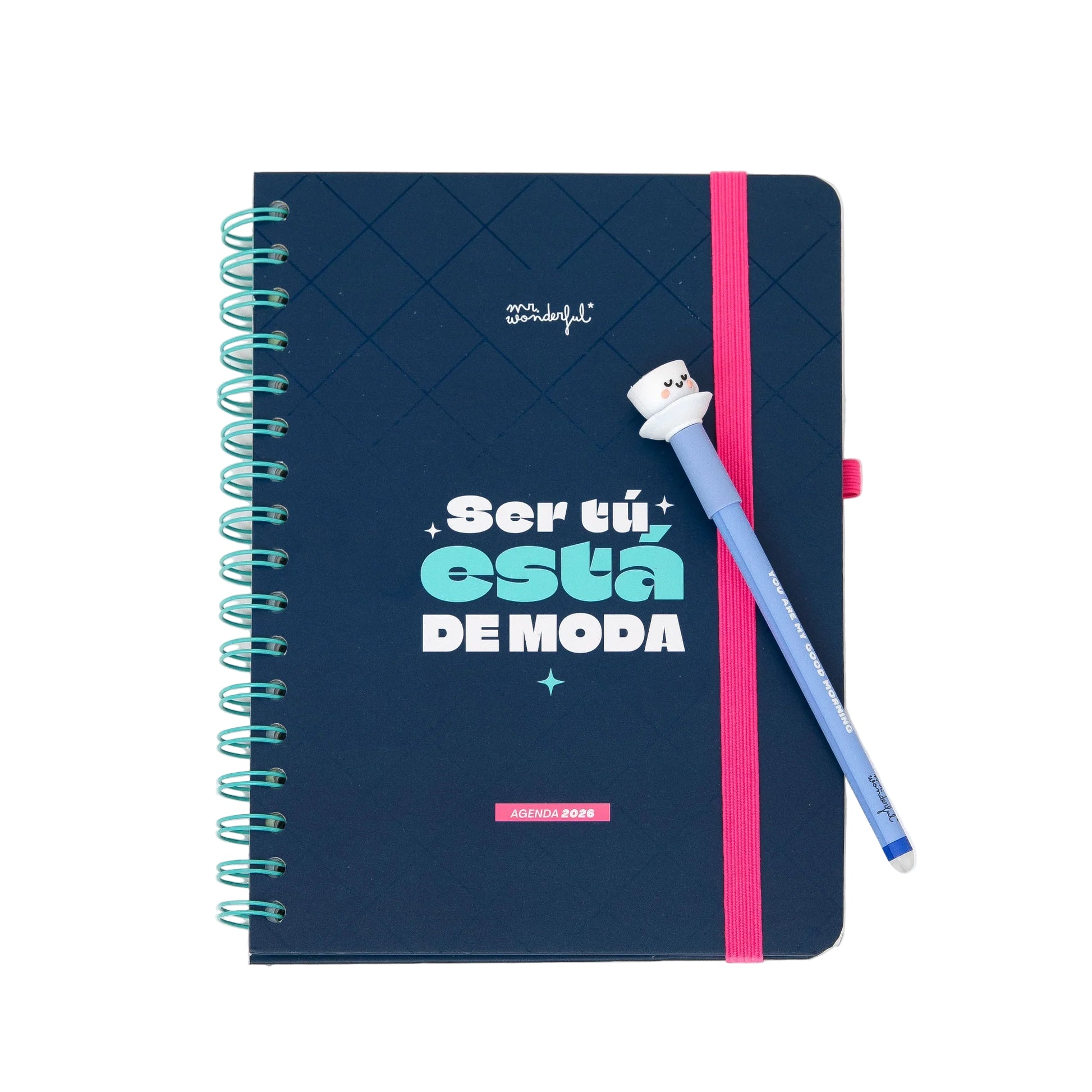 2026 weekly planner with navy cover, pink elastic band, and erasable pen from Funky Confetti
