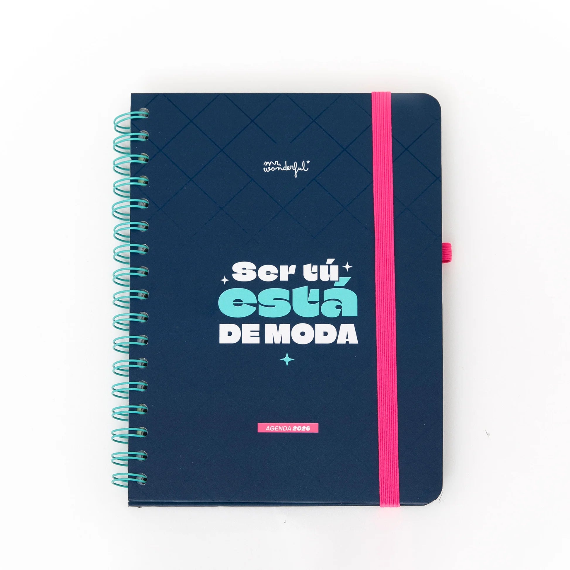 2026 weekly planner with navy cover, pink elastic band, and erasable pen from Funky Confetti