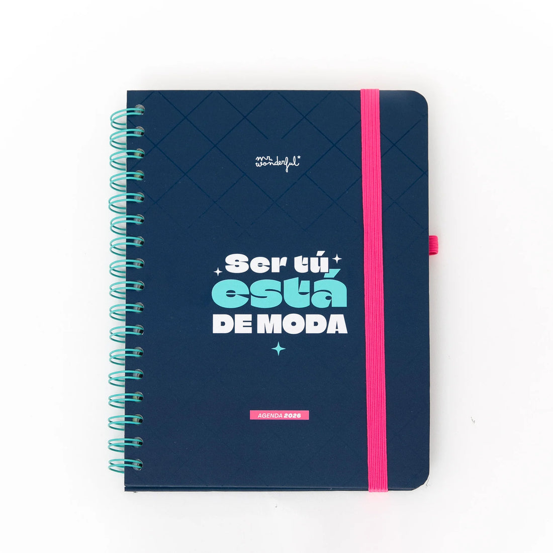 2026 weekly planner with navy cover, pink elastic band, and erasable pen from Funky Confetti