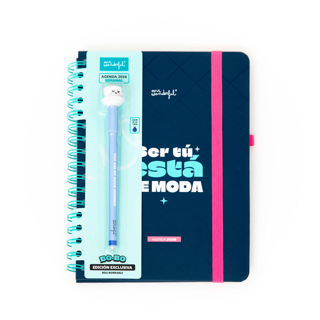 2026 weekly planner with navy cover, pink elastic band, and erasable pen from Funky Confetti