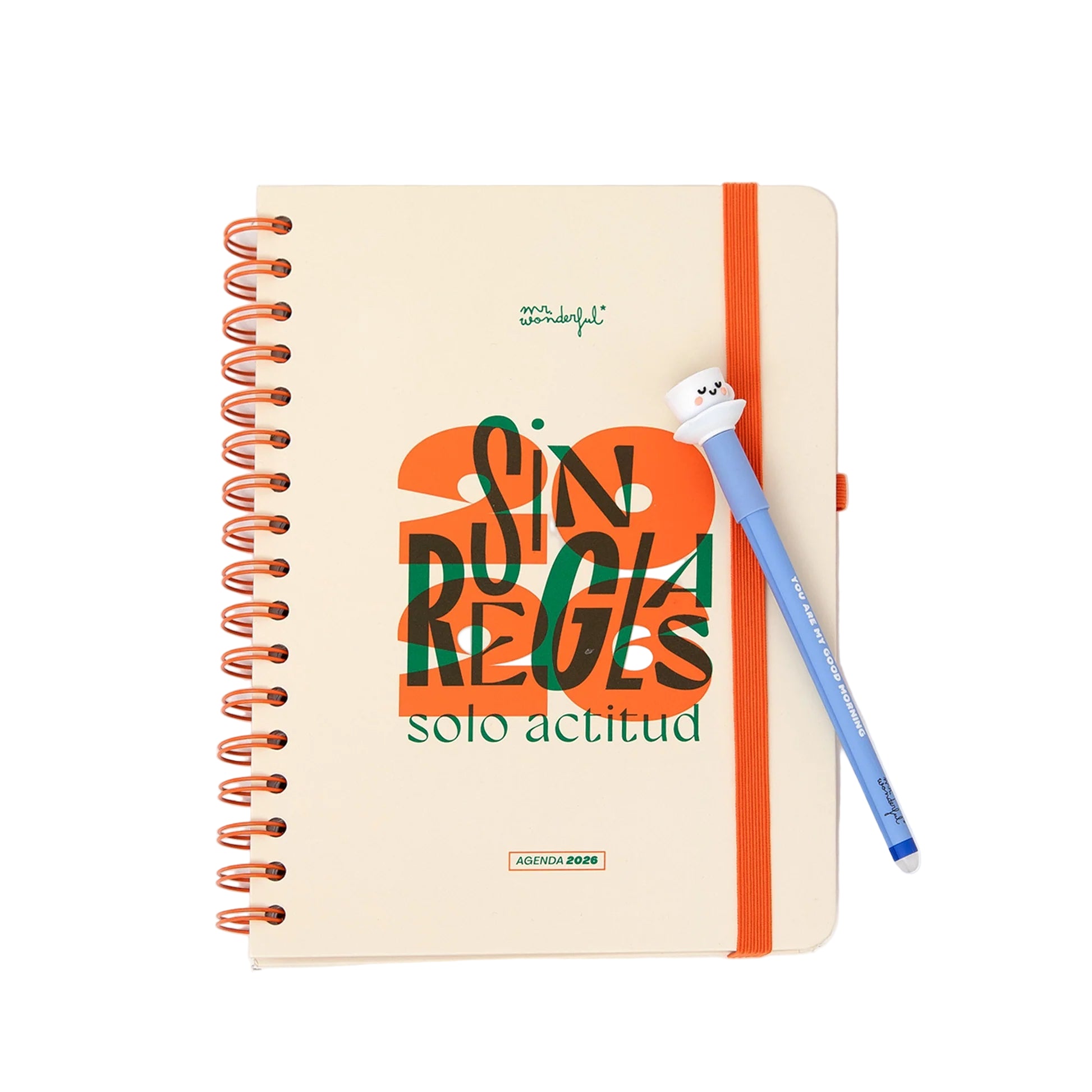 2026 weekly planner with cream cover, orange accents, and erasable pen from Funky Confetti