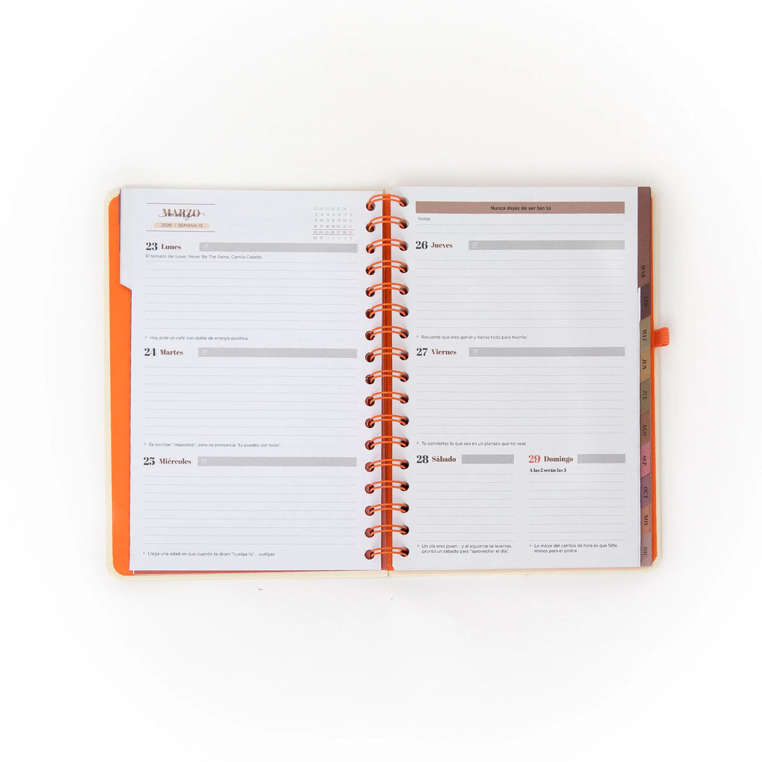 2026 weekly planner with cream cover, orange accents, and erasable pen from Funky Confetti
