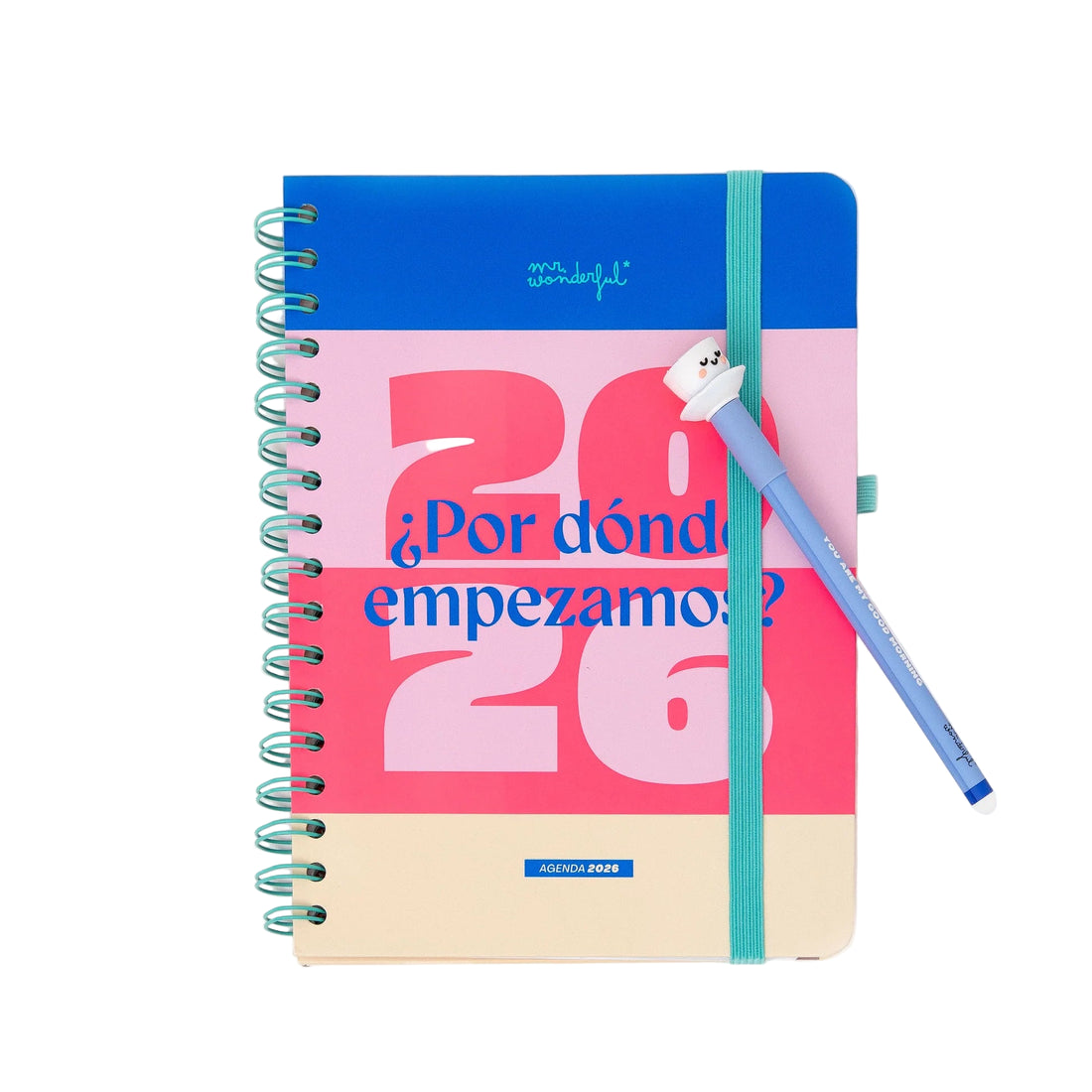 2026 weekly planner with colorful cover, teal elastic band, and erasable pen from Funky Confetti