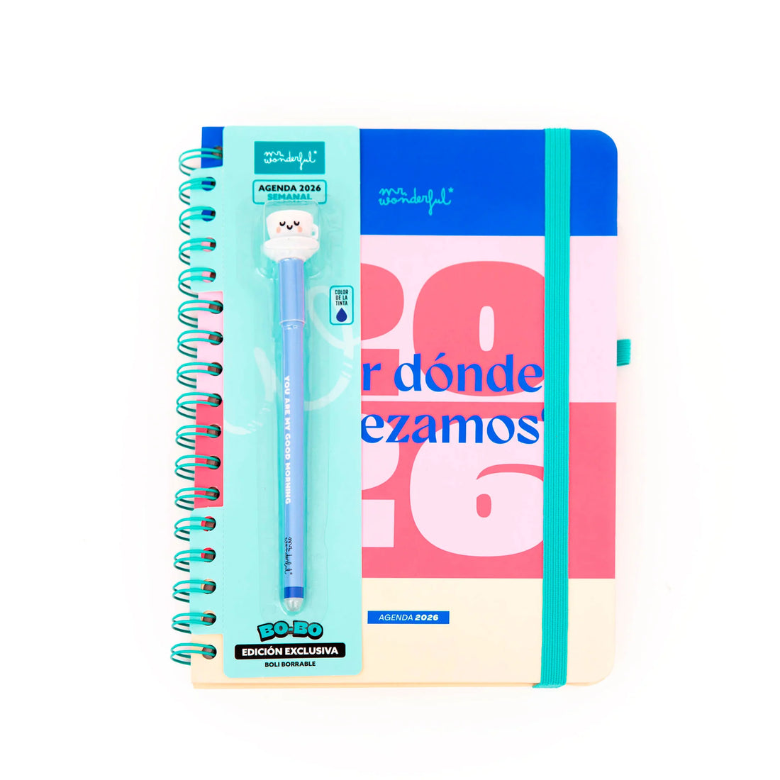 2026 weekly planner with colorful cover, teal elastic band, and erasable pen from Funky Confetti