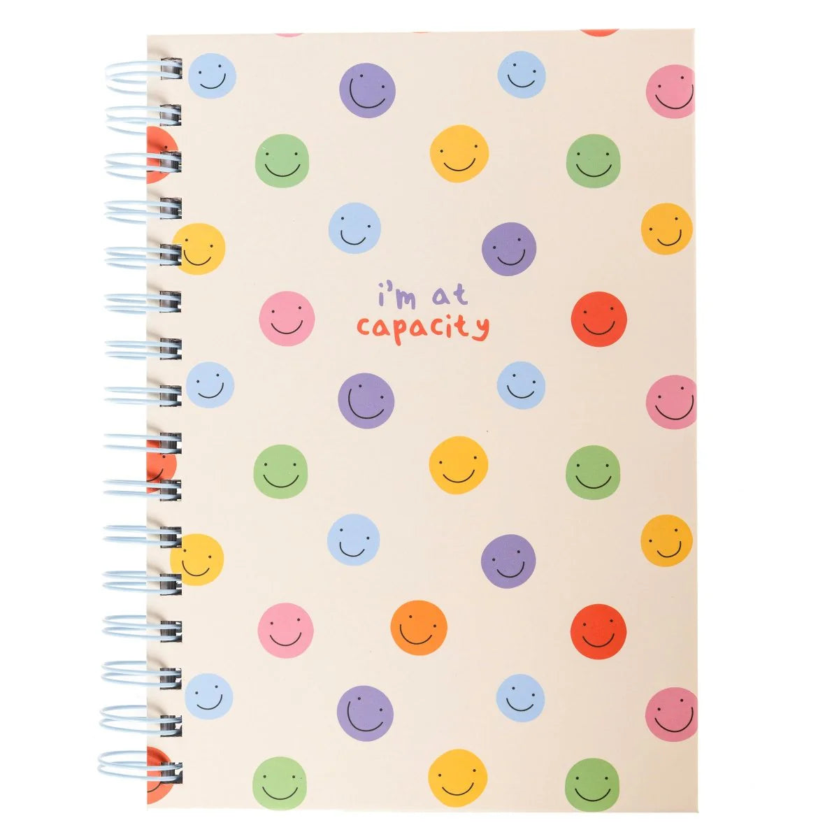 At Capacity spiral hardcover journal with colorful smiley face pattern and 160 lined pages by Funky Confetti