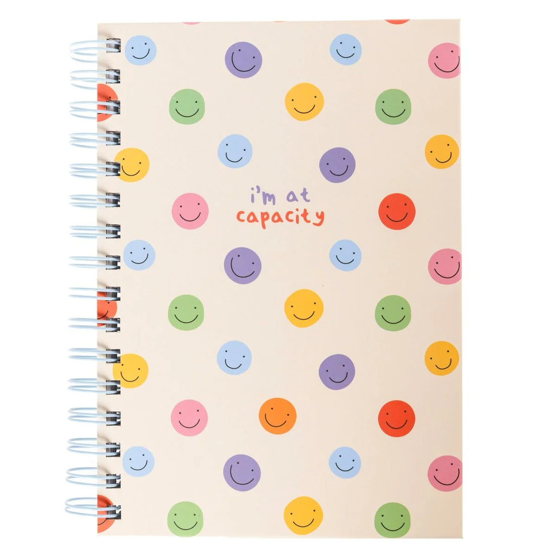 At Capacity spiral hardcover journal with colorful smiley face pattern and 160 lined pages by Funky Confetti