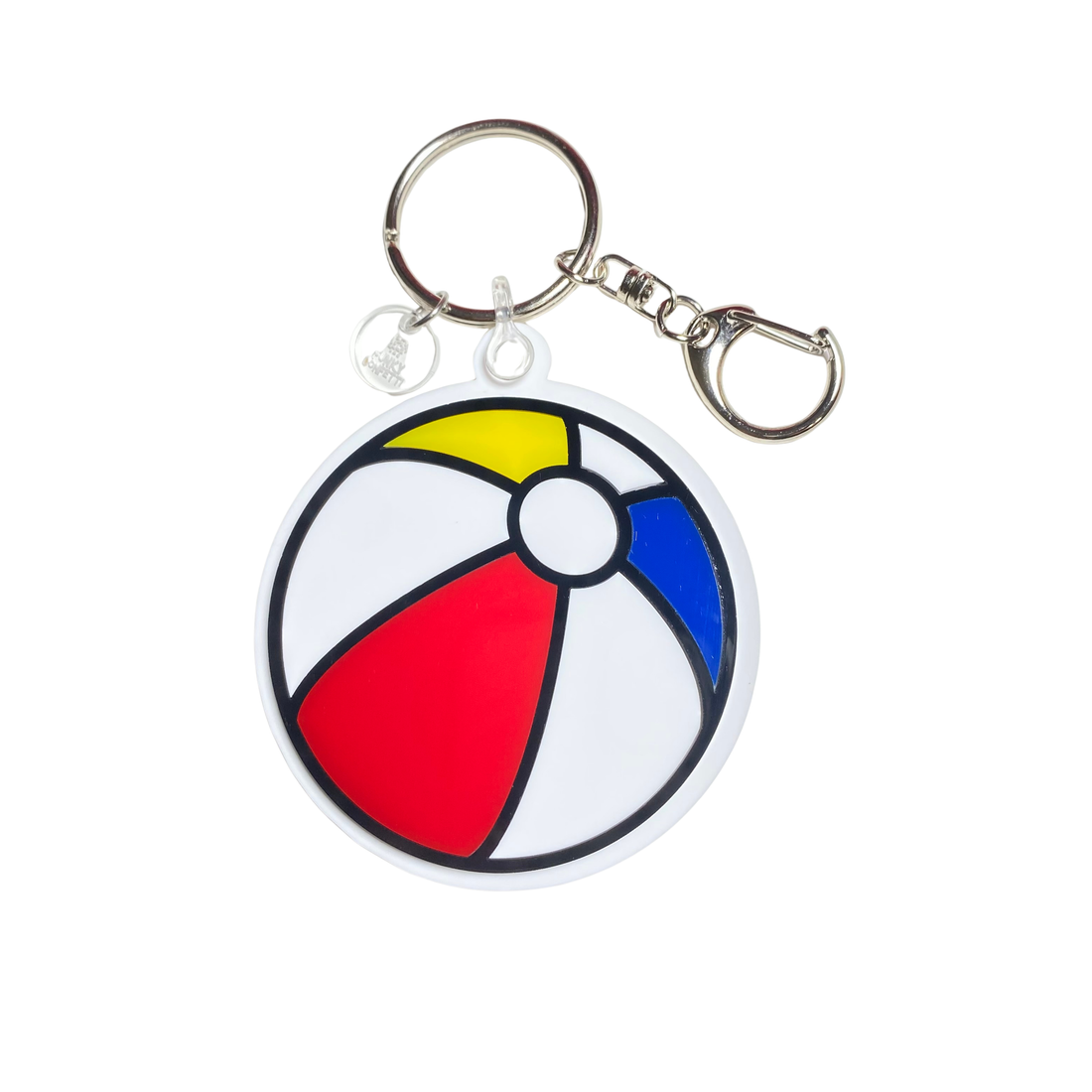 Colorful beach ball acrylic keychain with red, blue, yellow, and white sections from Funky Confetti