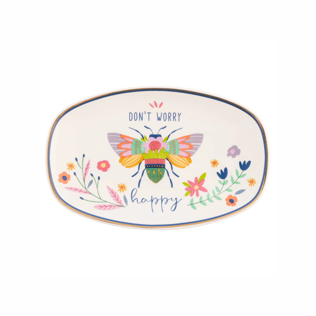 Bee Happy oval porcelain trinket dish with gold trim and floral bee design