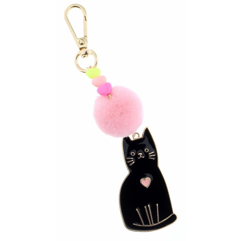 Black enamel cat keychain with pink heart, pom-pom, and pastel beads from Funky Confetti