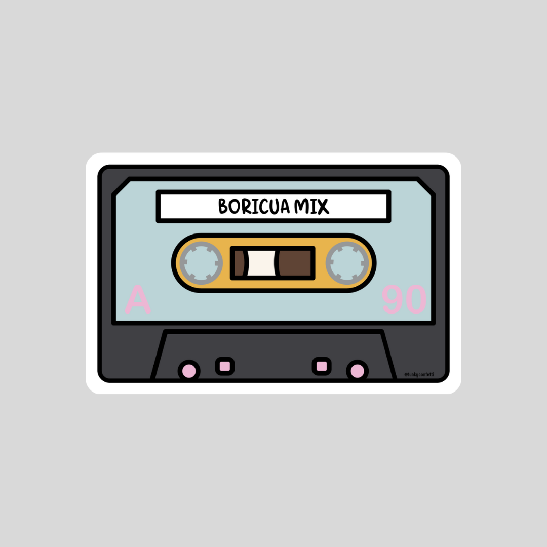 Boricua Mix retro cassette waterproof vinyl sticker from Funky Confetti