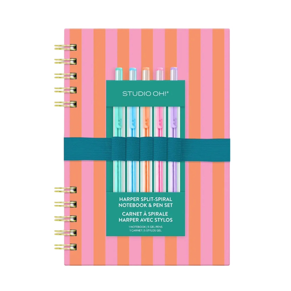 Cabana Stripes pink and orange spiral notebook with five colorful gel pens from Funky Confetti