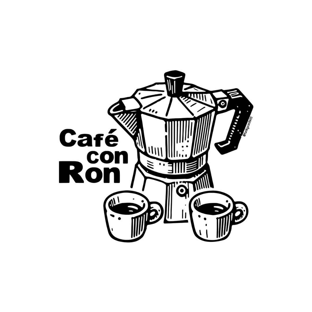 Café con Ron waterproof vinyl sticker with espresso maker illustration