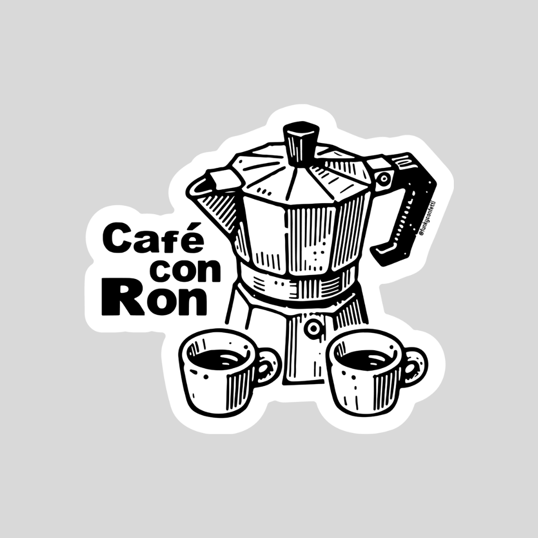 Café con Ron waterproof vinyl sticker with espresso maker illustration