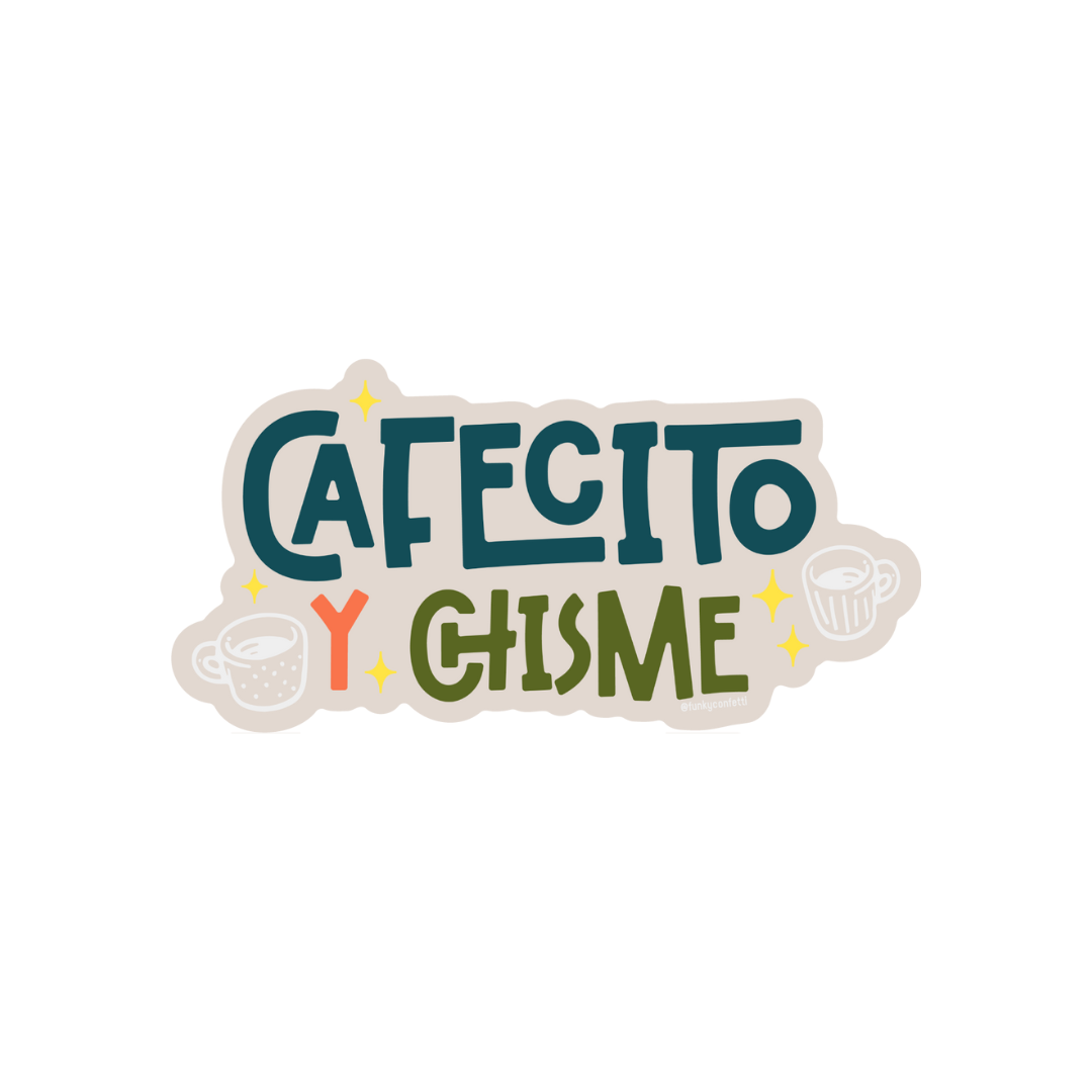 Cafecito y Chisme waterproof vinyl sticker with coffee cup design