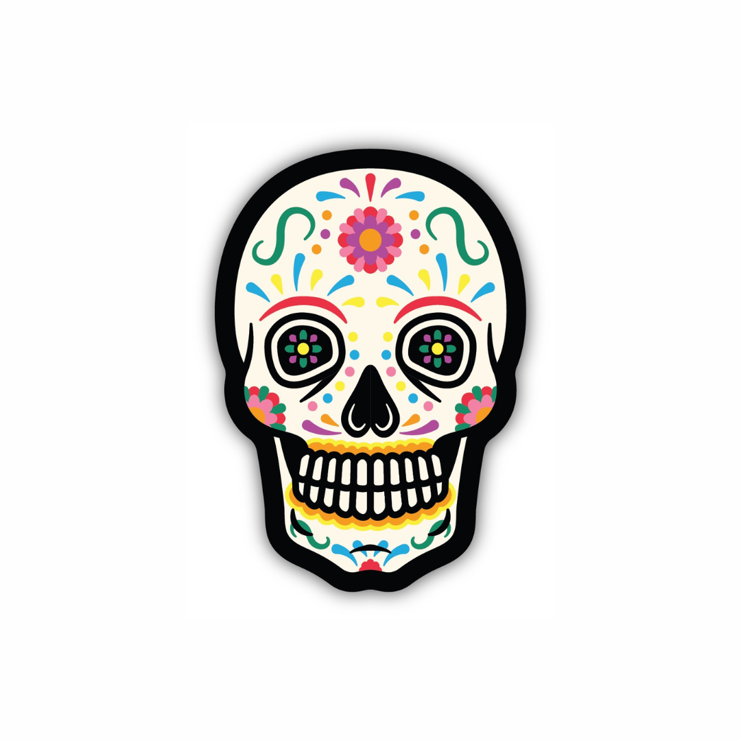 Colorful Calavera sugar skull vinyl sticker from Funky Confetti