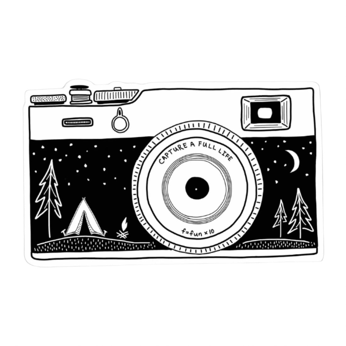 Black and white camera sticker with “Capture a Full Life” text from Funky Confetti