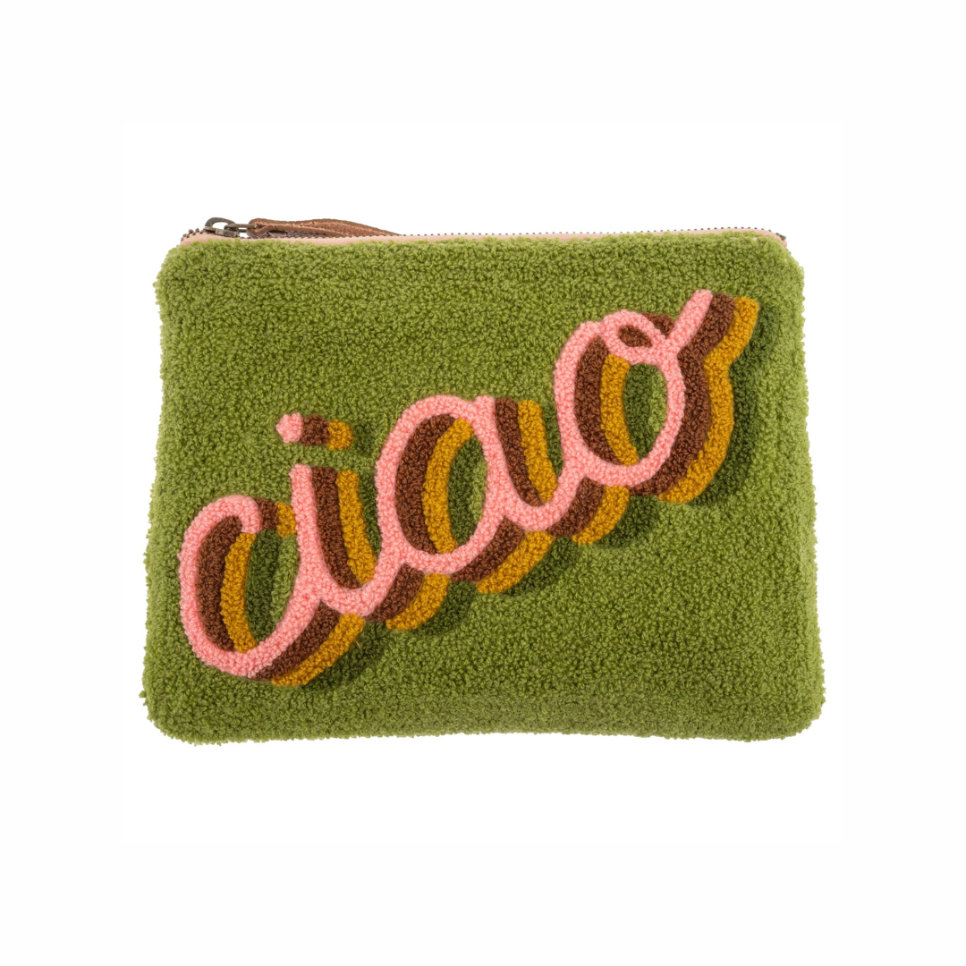 Green embroidered carry all pouch with retro “ciao” text and leather zipper pull from Funky Confetti