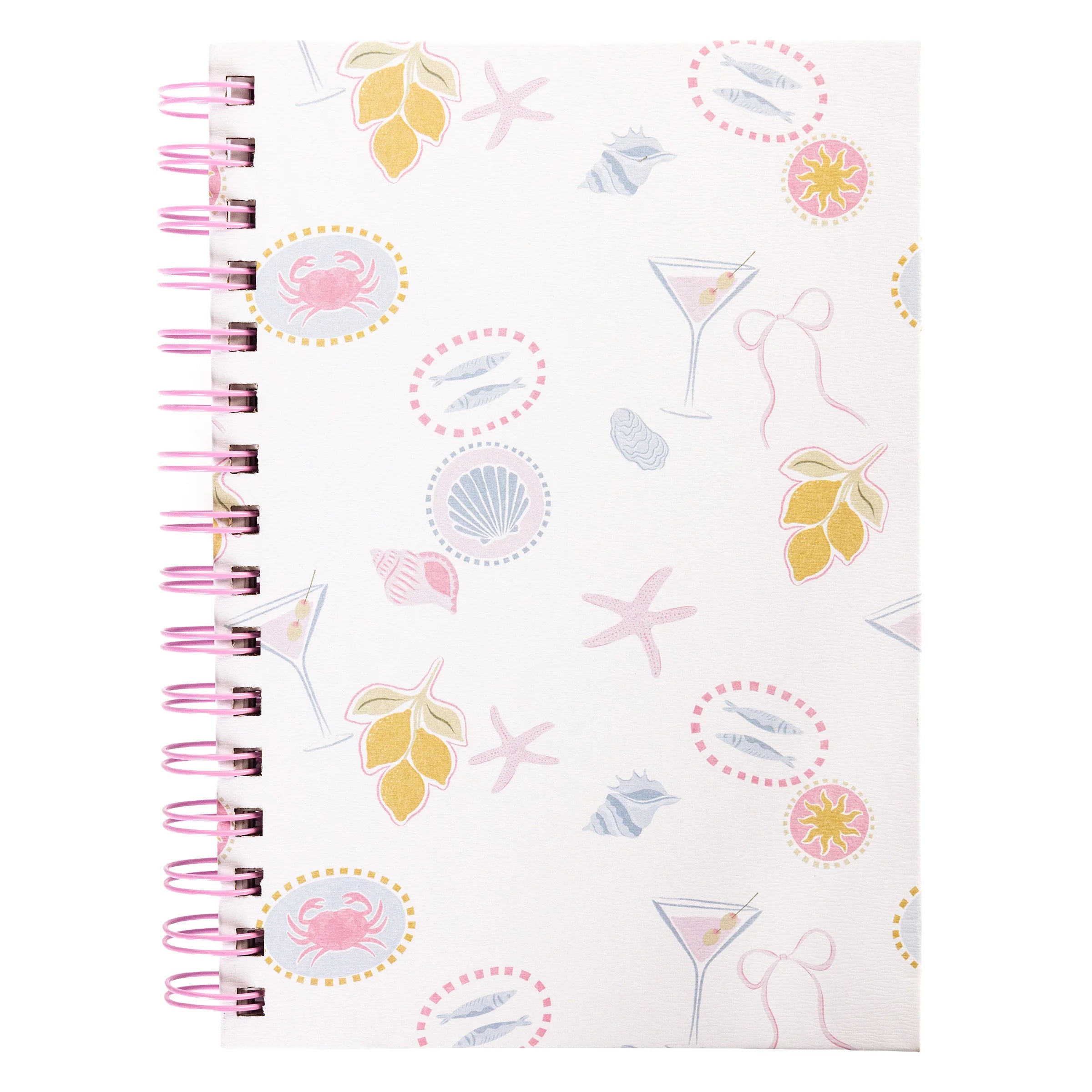 Coastal spiral journal with hardcover featuring seashells, lemons, starfish, and beach-inspired illustrations from Funky Confetti