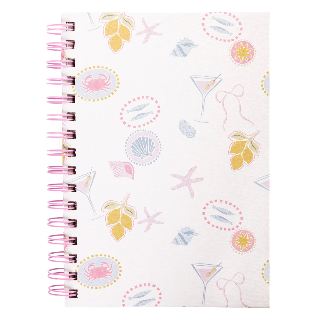 Coastal spiral journal with hardcover featuring seashells, lemons, starfish, and beach-inspired illustrations from Funky Confetti