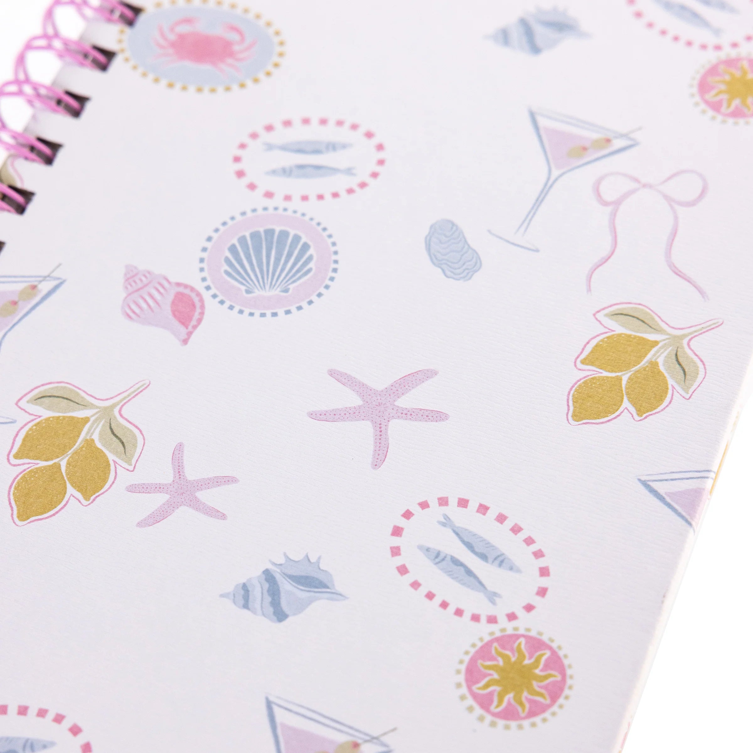 Coastal spiral journal with hardcover featuring seashells, lemons, starfish, and beach-inspired illustrations from Funky Confetti