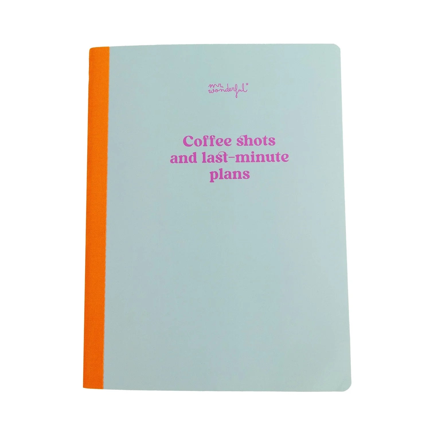 Coffee Shots and Last-Minute Plans A5 lined hardcover notebook with sewn binding and pastel blue cover by Funky Confetti.