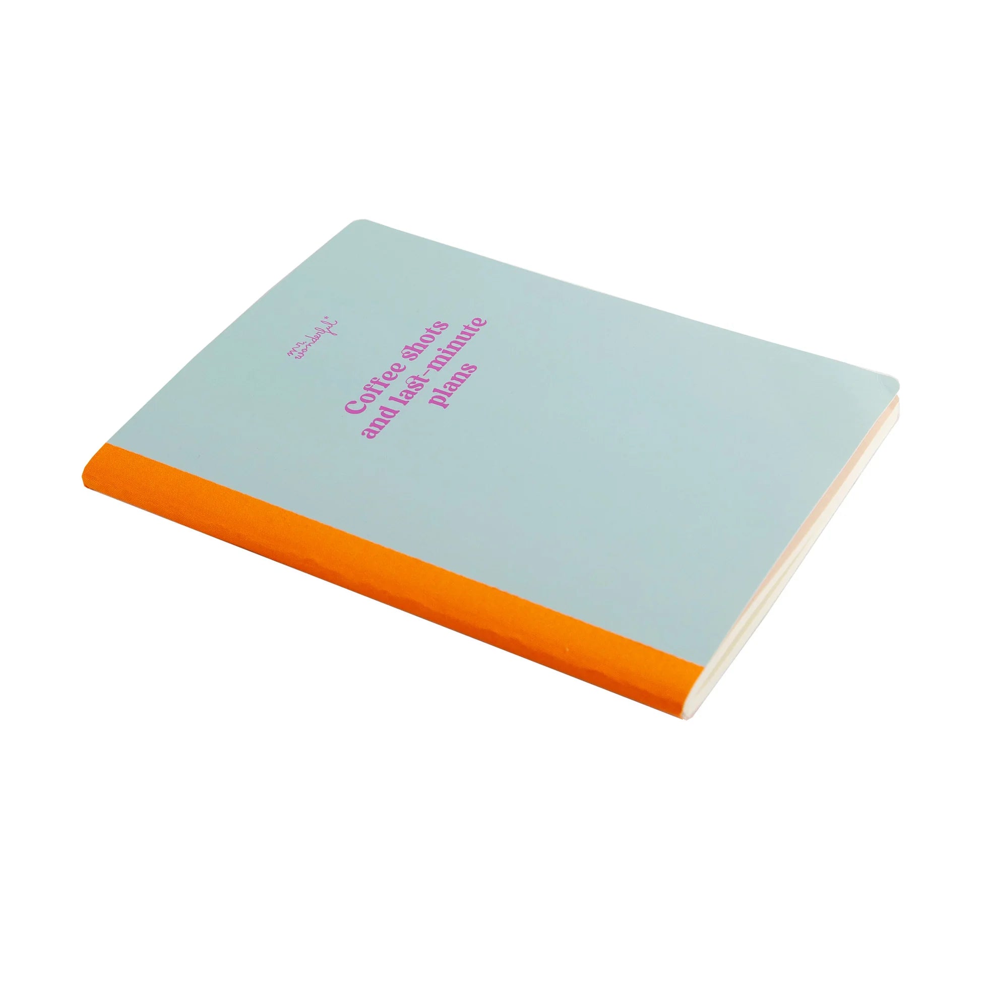 Coffee Shots and Last-Minute Plans A5 lined hardcover notebook with sewn binding and pastel blue cover by Funky Confetti.