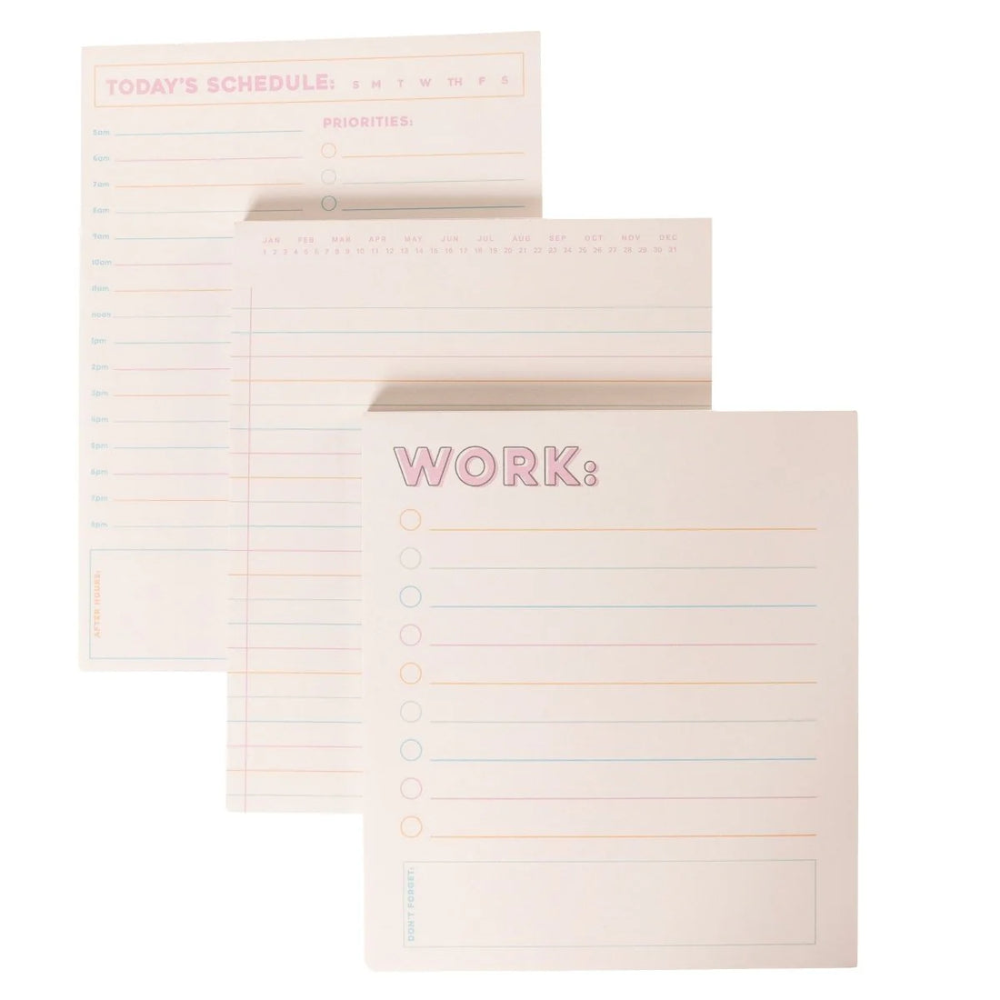 Colorful set of three desk notepads for planning, notes, and to-do lists by Funky Confetti