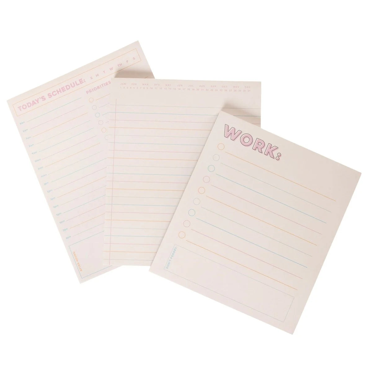 Colorful set of three desk notepads for planning, notes, and to-do lists by Funky Confetti