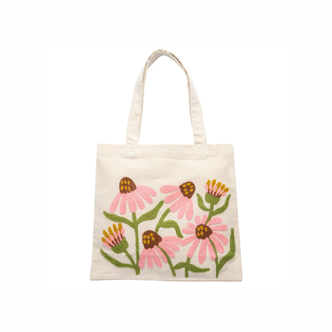 Coneflowers floral embroidered canvas tote bag from Funky Confetti
