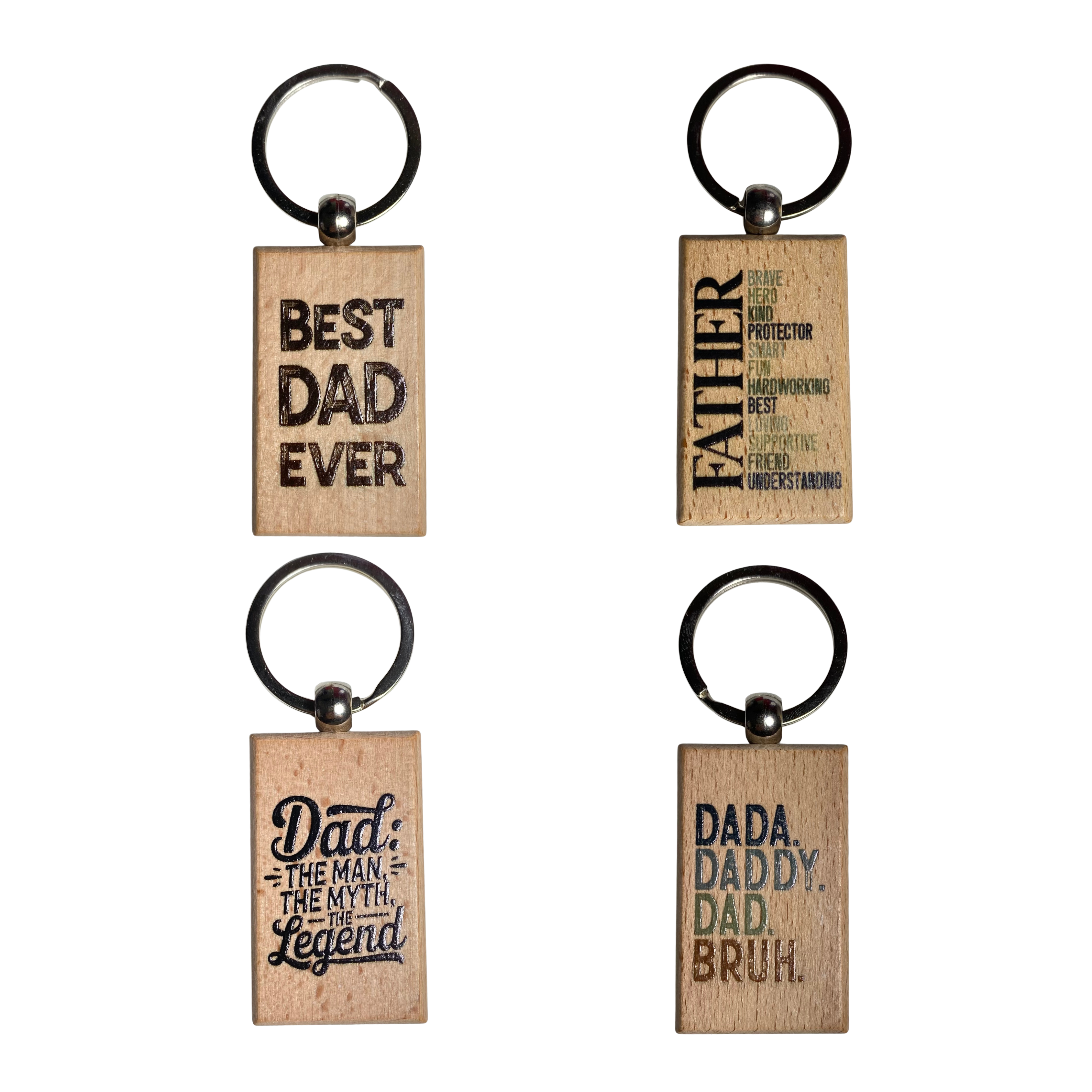 Wooden dad keychain with engraved messages and metal key ring, available in four designs from Funky Confetti