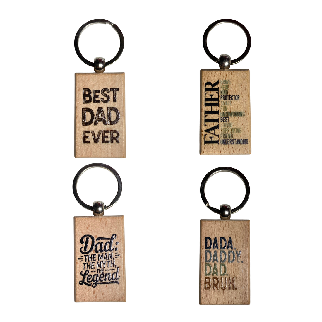 Wooden dad keychain with engraved messages and metal key ring, available in four designs from Funky Confetti