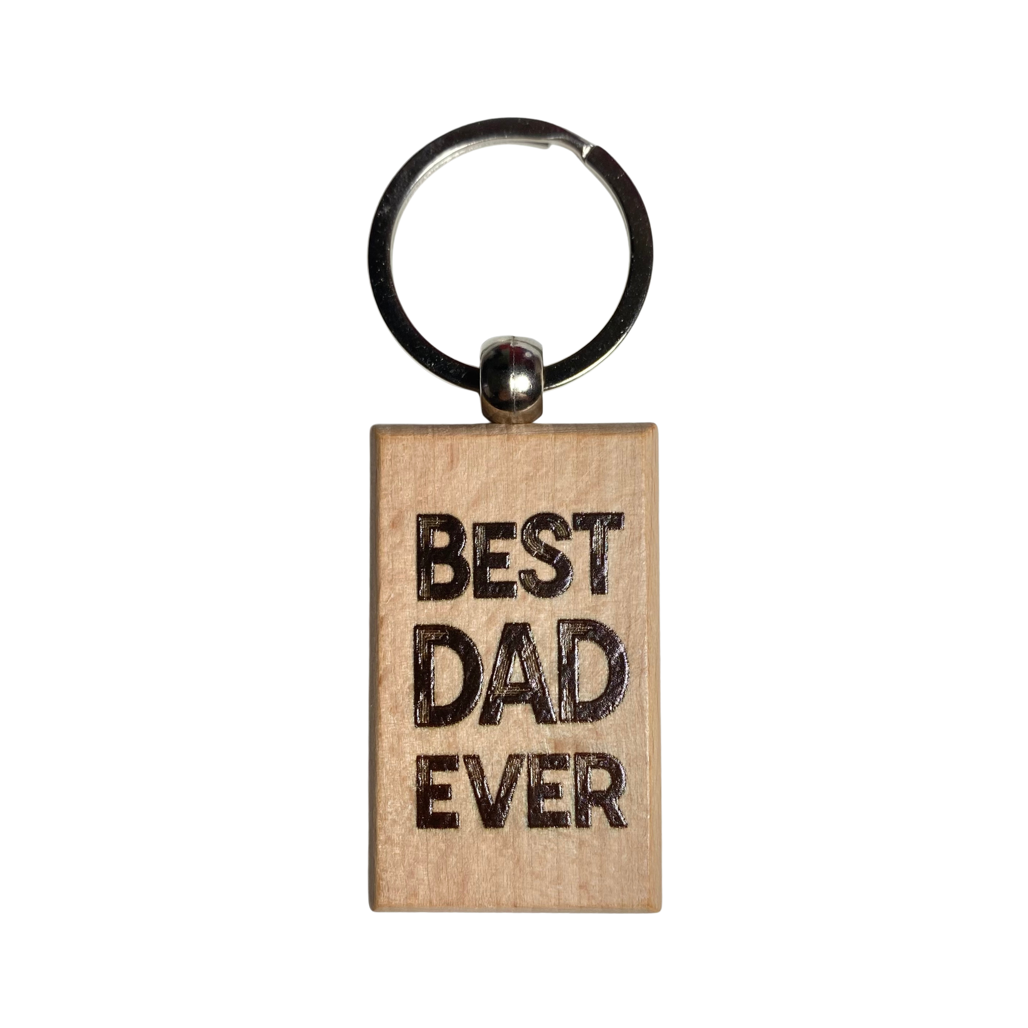 Wooden dad keychain with engraved messages and metal key ring, available in four designs from Funky Confetti