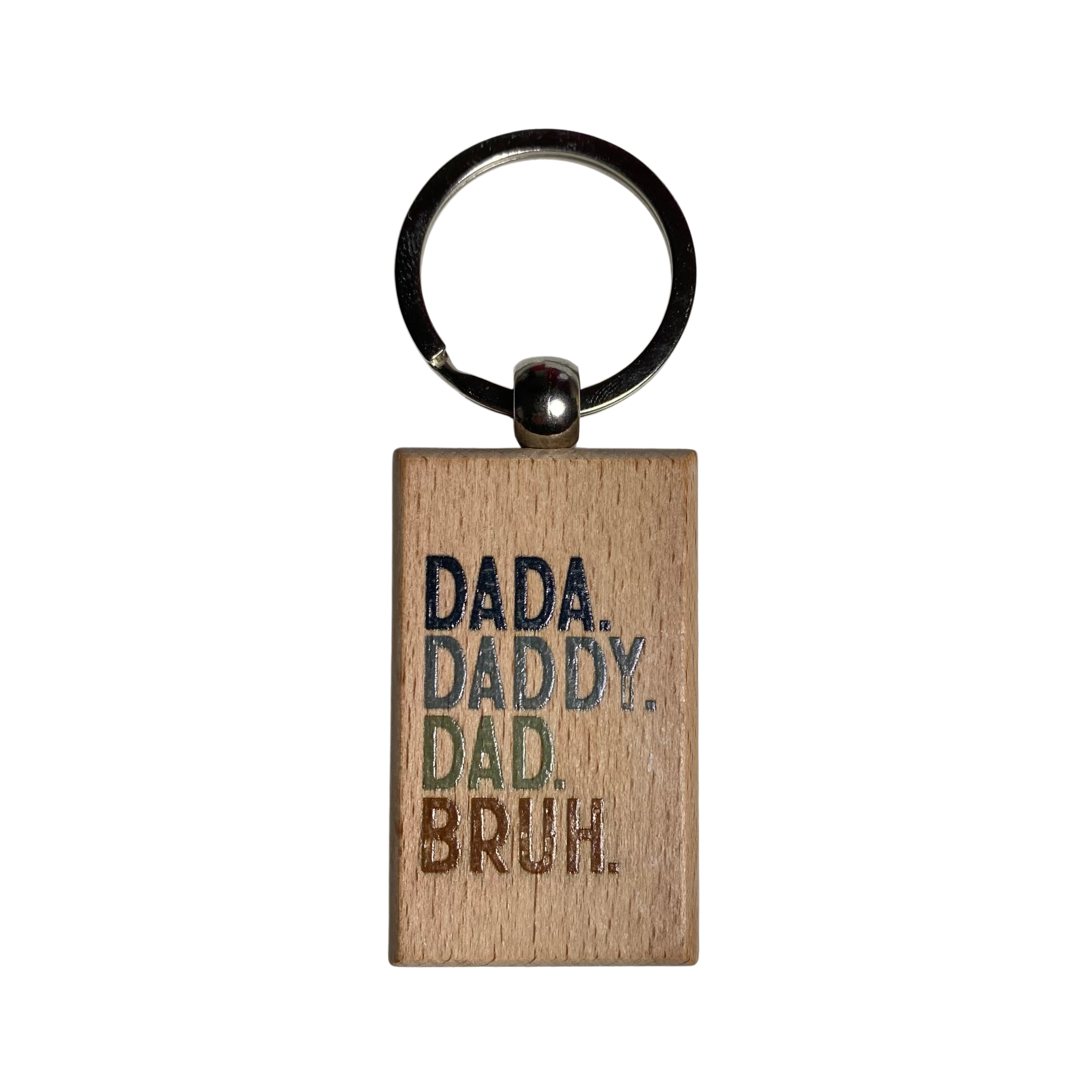 Wooden dad keychain with engraved messages and metal key ring, available in four designs from Funky Confetti