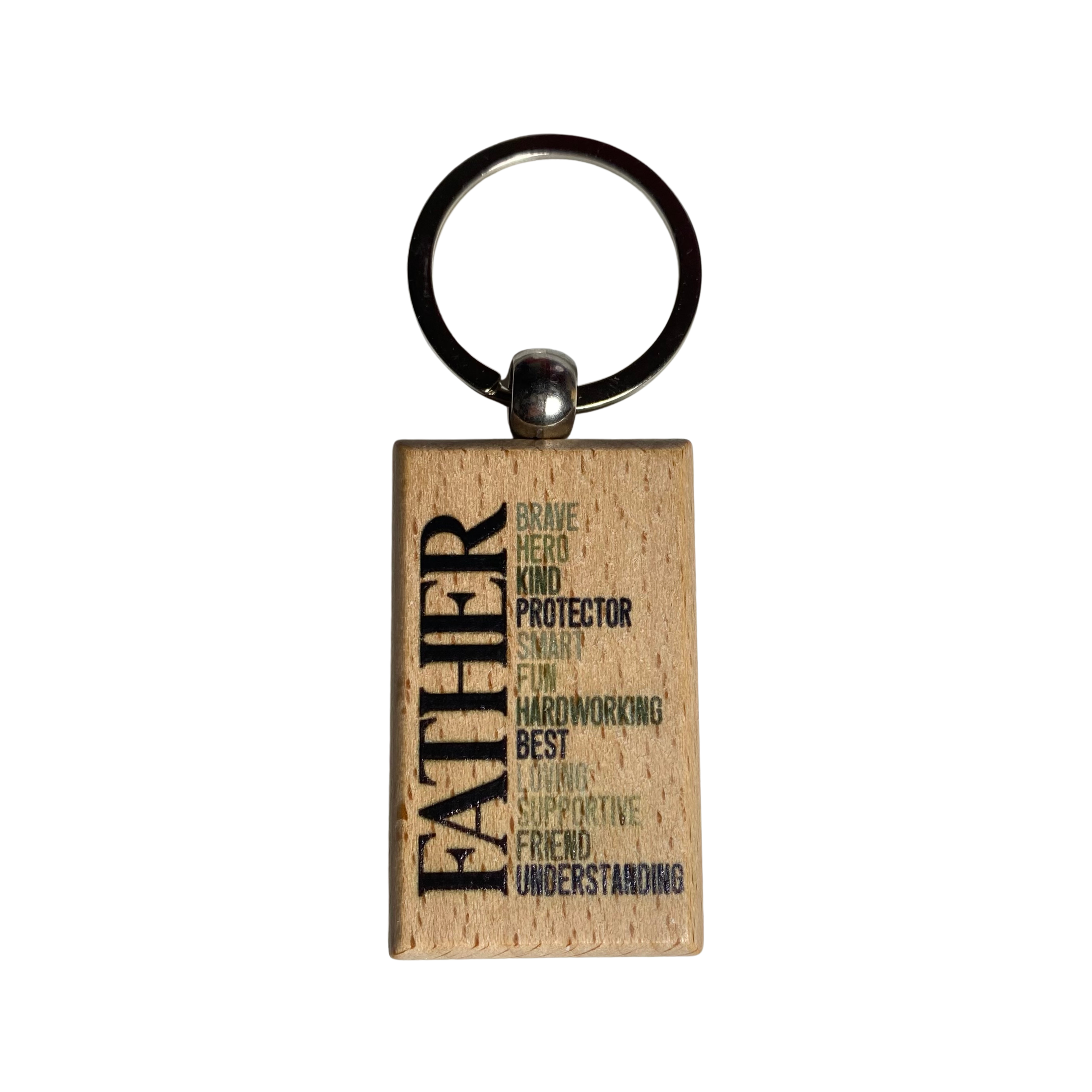 Wooden dad keychain with engraved messages and metal key ring, available in four designs from Funky Confetti