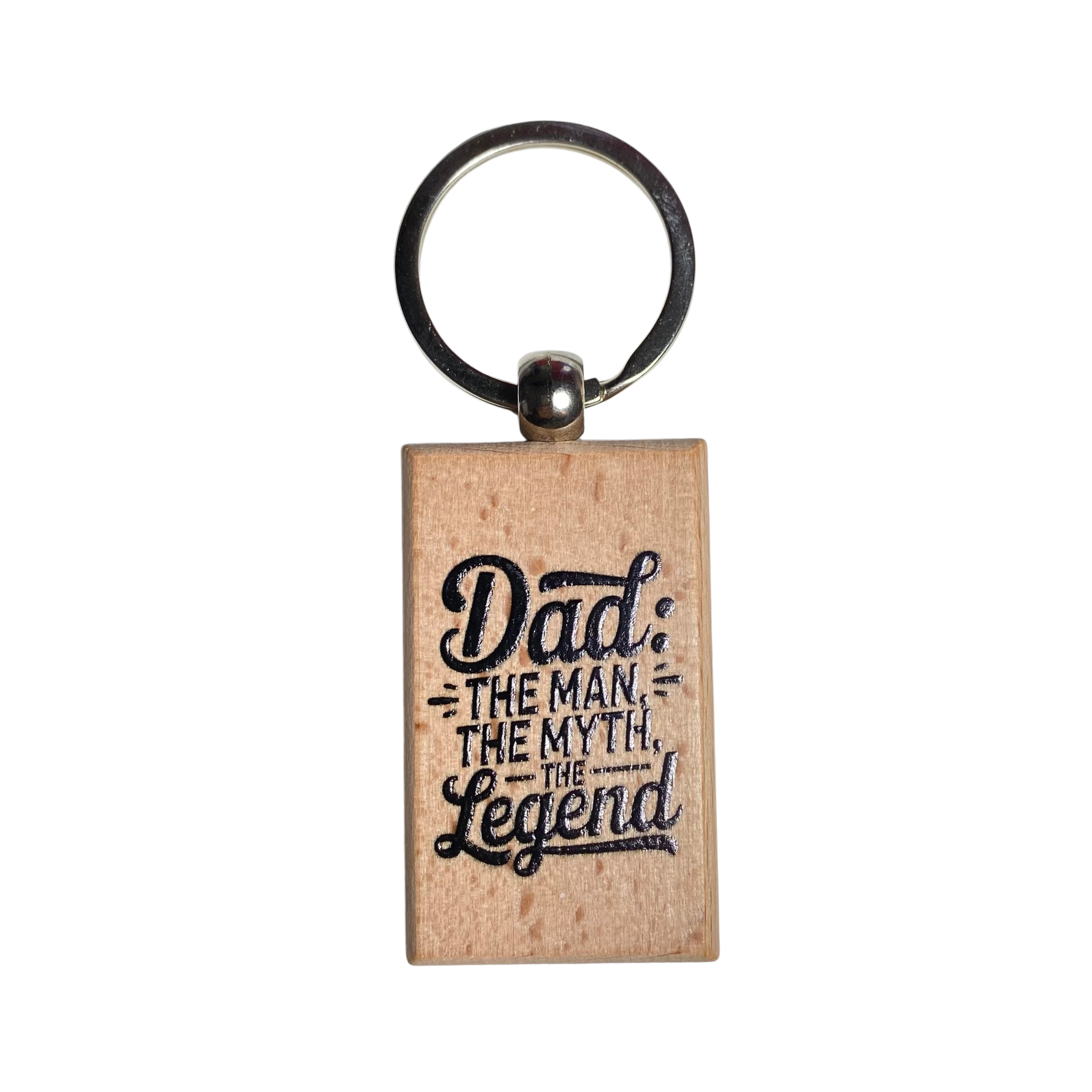 Wooden dad keychain with engraved messages and metal key ring, available in four designs from Funky Confetti