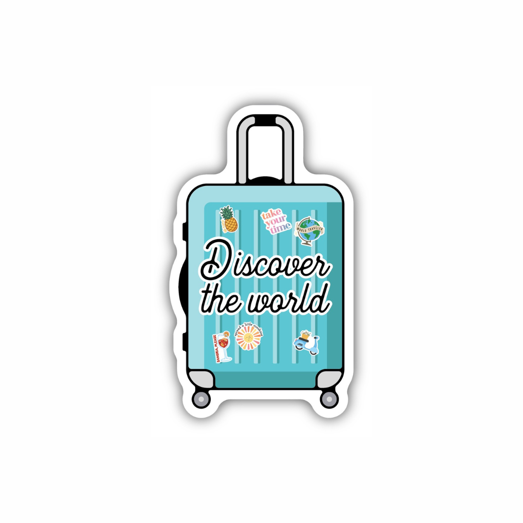 Discover The World travel suitcase vinyl sticker from Funky Confetti
