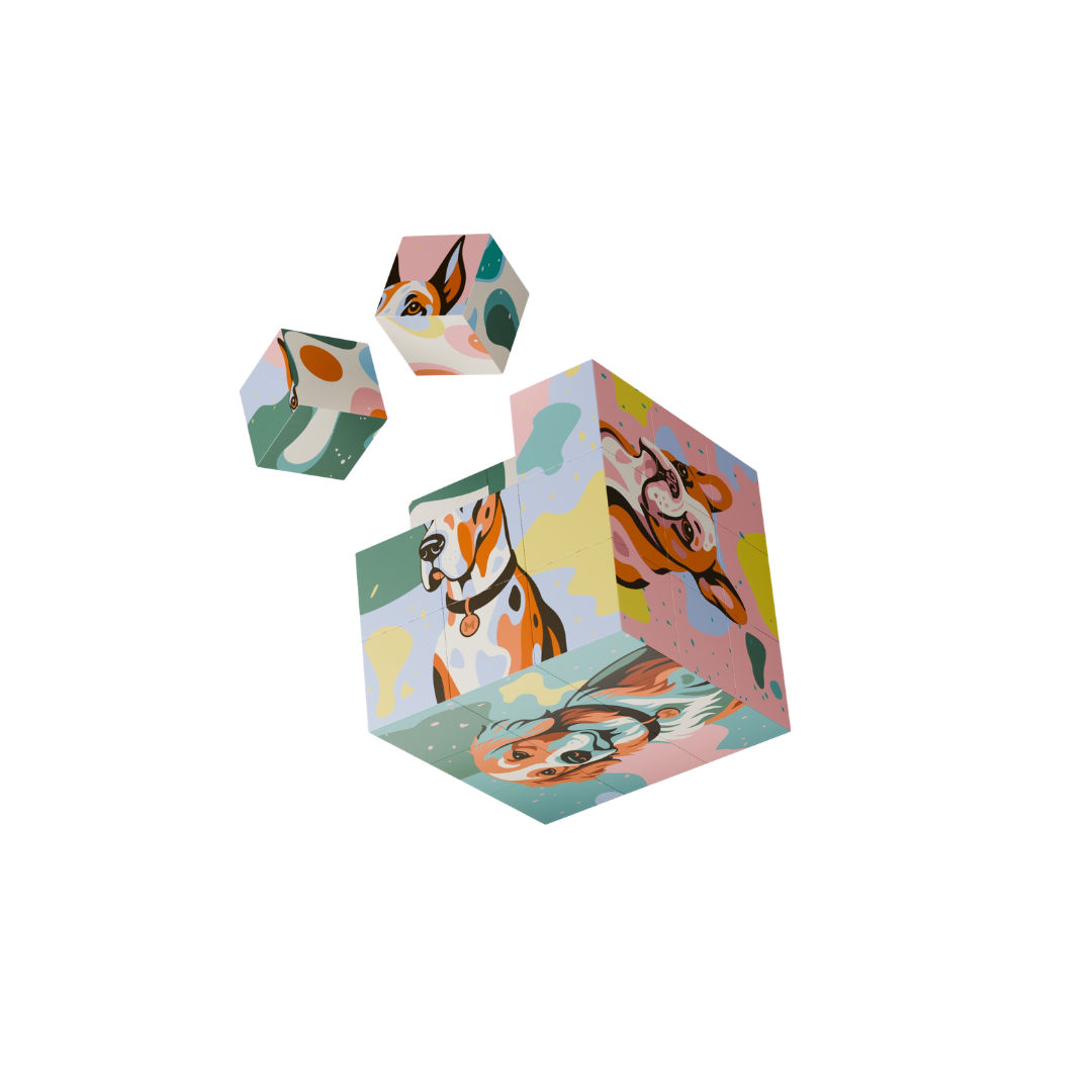 Colorful Dogs & Art magnetic 3D puzzle cube with 27 interlocking magnetic pieces featuring continuous illustrations by Funky Confetti.