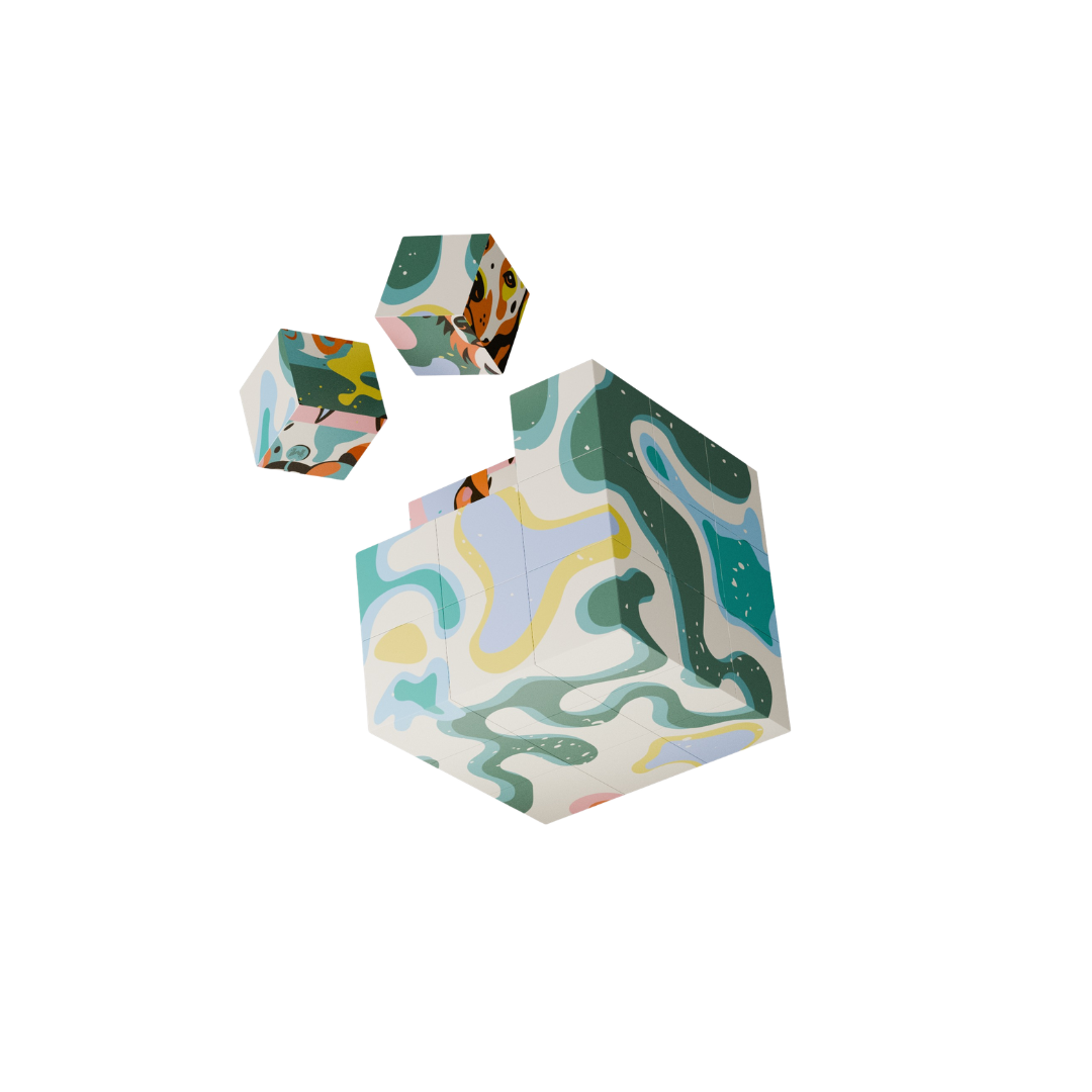Colorful Dogs & Art magnetic 3D puzzle cube with 27 interlocking magnetic pieces featuring continuous illustrations by Funky Confetti.