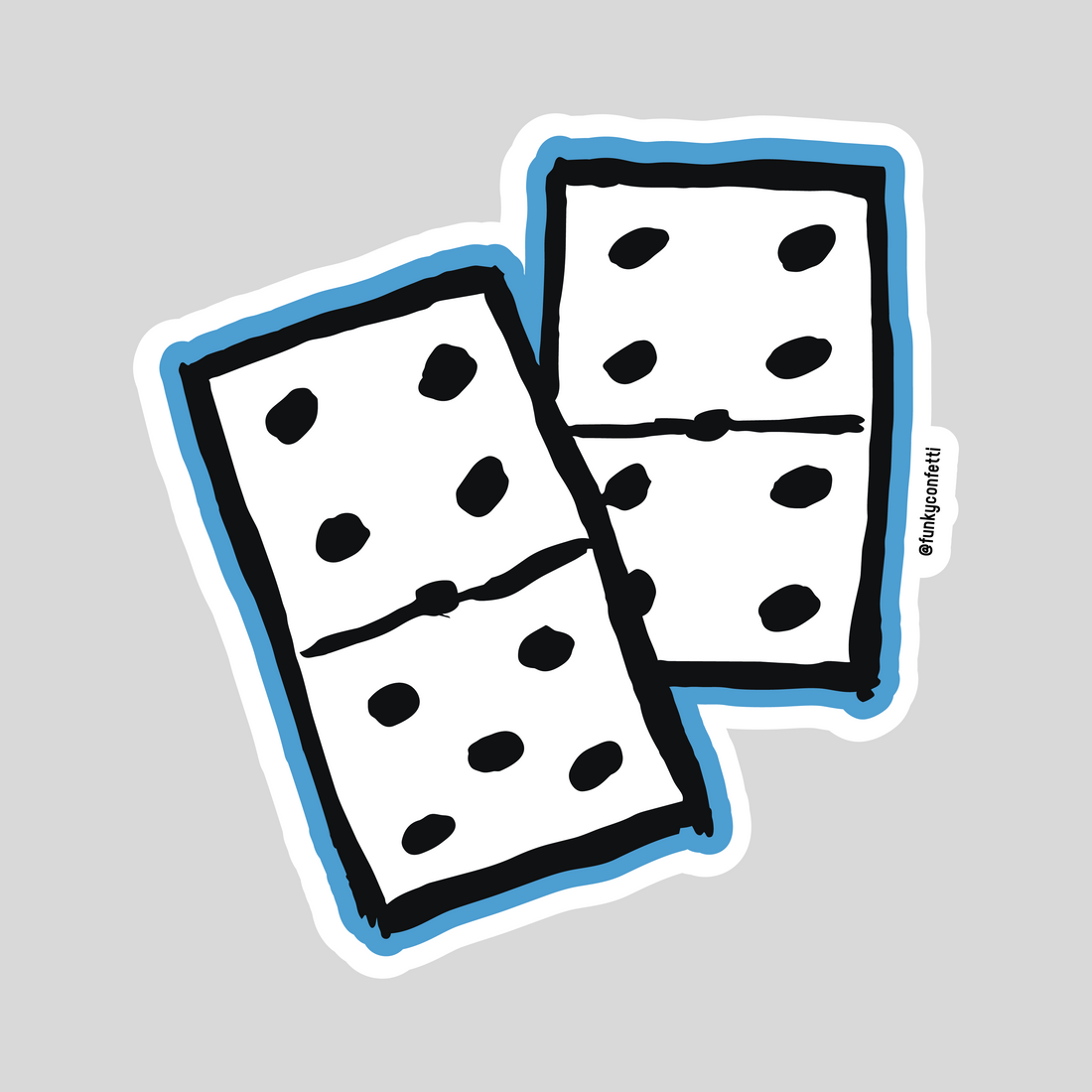Dominoes waterproof sticker featuring two black-and-white domino tiles with a bright blue outline from Funky Confetti